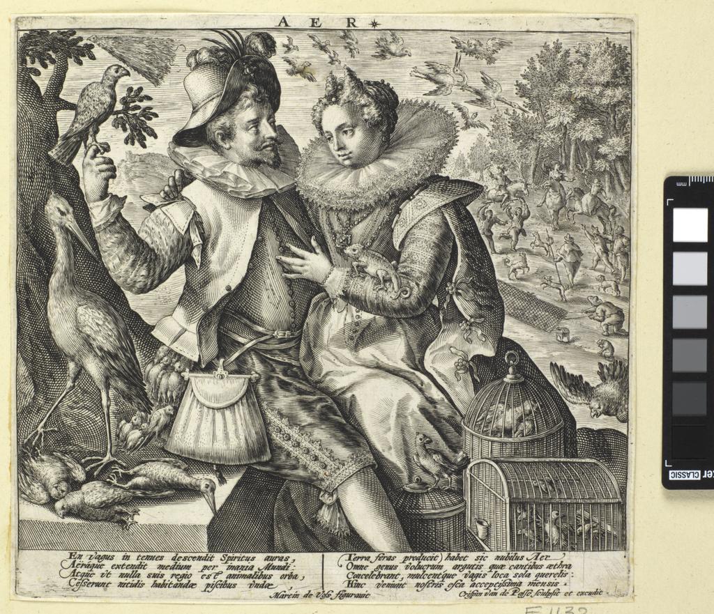 An image of Print Album. Aer Air The Four Elements. Passe, Crispijn I de, printmaker (Flemish, 1564-1637). Vos, Maarten de, after (Flemish, 1532-1603). A lady and gentleman, seated. The man wears a hunting costume and hold a bird in his right hand. There is a hunting party in the backround with falconers, and other birds in the sky. Engraving, 16th/17th century. Part Of: 24.I.3; Engravings by the Passe Family. Alternative Number(s): Hollstein (Dutch/Flemish); 526. Franken (Passe); 1132.Related Object(s):24.I.3-277; Felicitas et Opulentiae typus24.I.3-274; Negligentiae et Socordiae Typus24.I.3-275; Miseriae et Egestatis Typus24.I.3-270; Terra24.I.3-273; Aqua24.I.3-272; Ignis