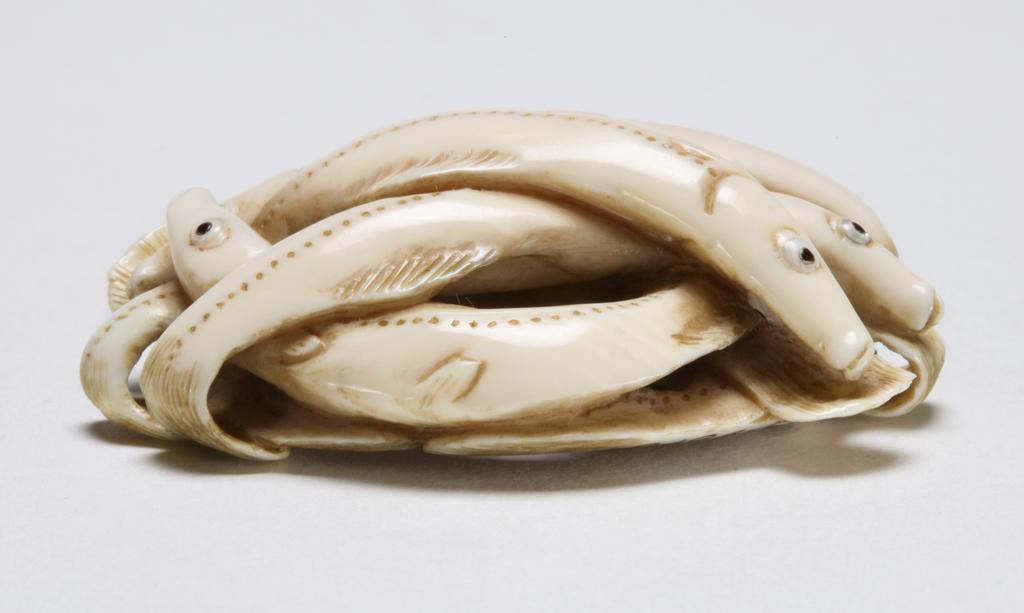 An image of Netsuke. Unknown maker, Japan. A group of seven whitebait (Shirauo). The eyes are double inlaid with mother of pearl and glass. Ivory, 1900-2000.