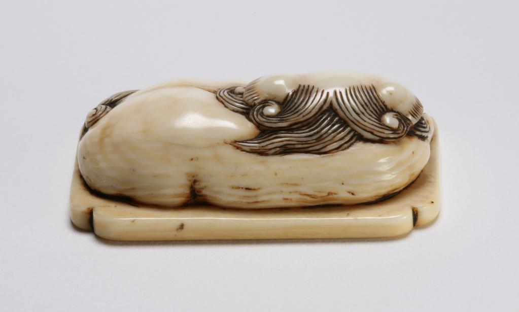An image of Netsuke. Unknown maker, Japan. Shishi reclining on a thin rectangular base, its head turned to left. Ivory, carved, 1800-1900.