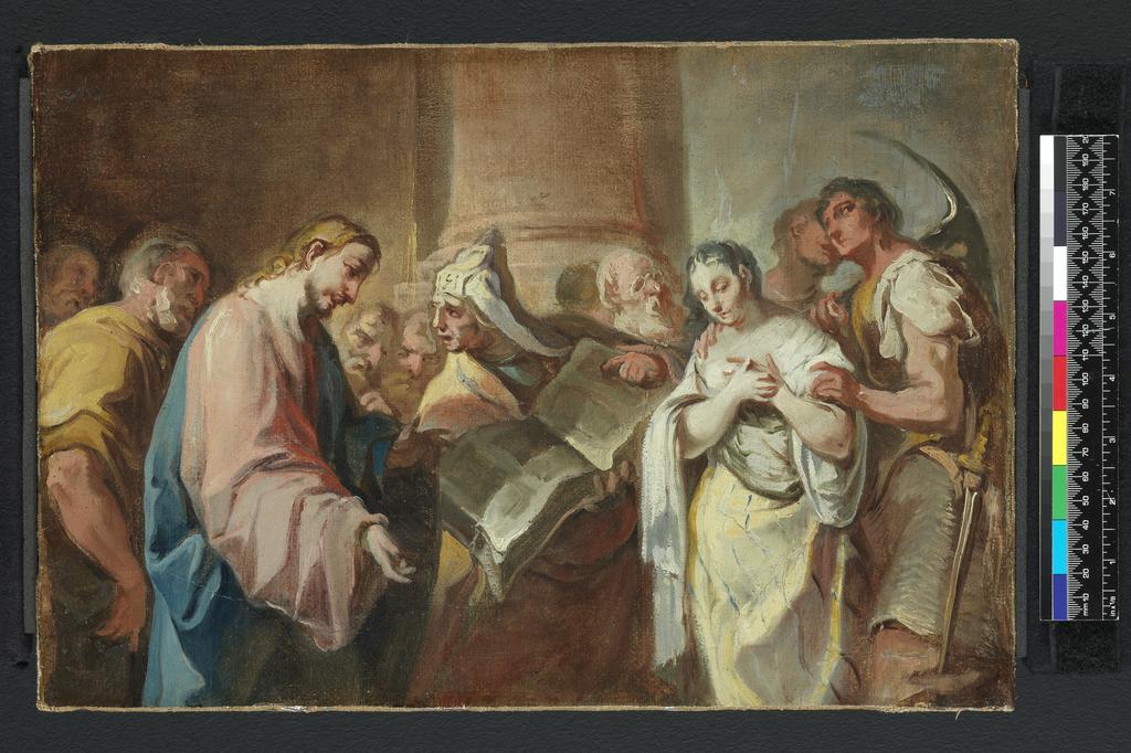 An image of The Woman Taken in Adultery. Grassi, Nicola, attributed to (Italian, a.1682-c.1750). Oil on canvas, height 28.0 cm, width 41.0 cm. Production Note: possibly German.