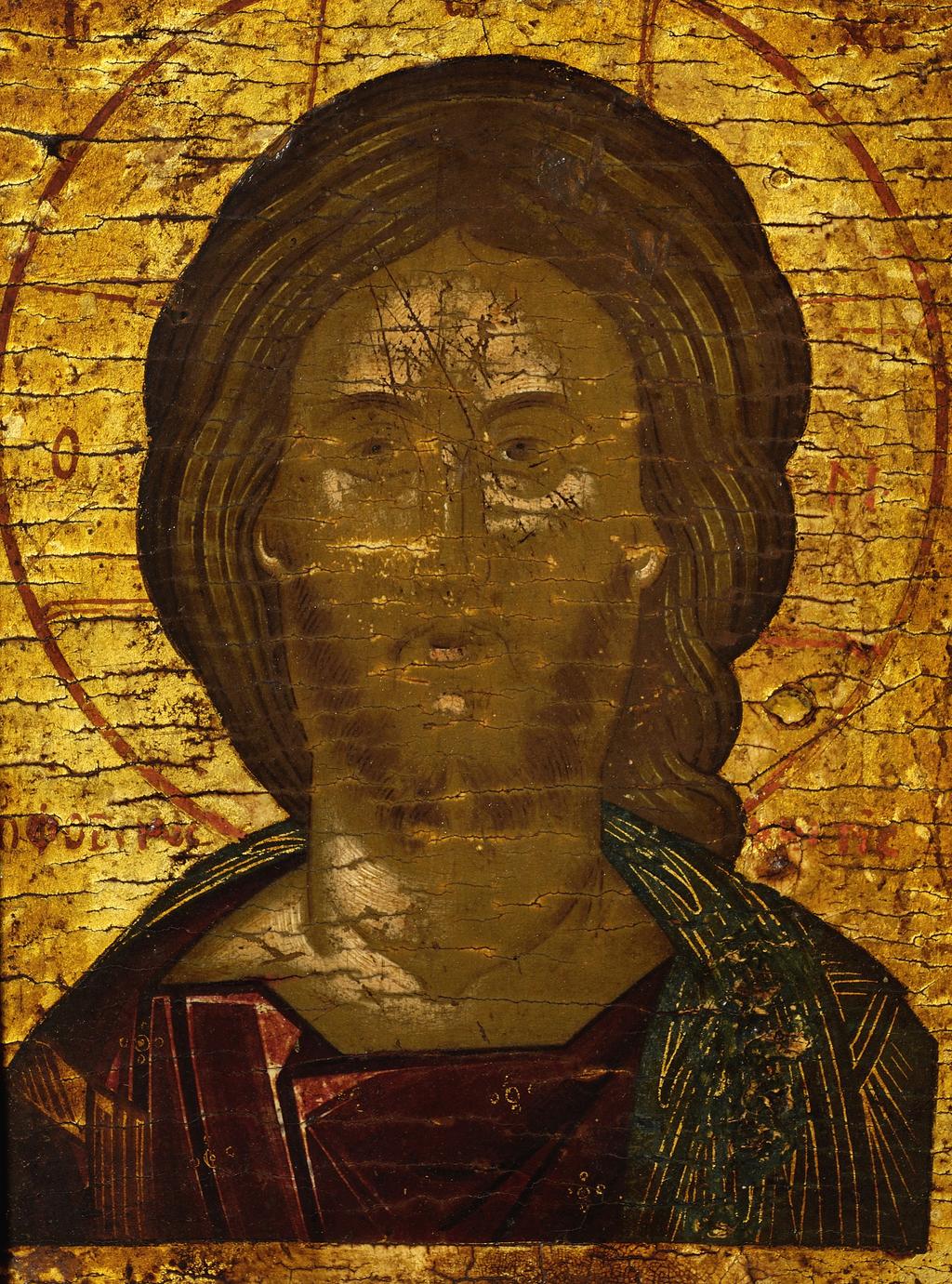 An image of Icon. Head of Christ. Unknown painter, Greek or Russian. Oil on panel, height 20.3 cm, width 16 cm, late 16th or early 17th century.