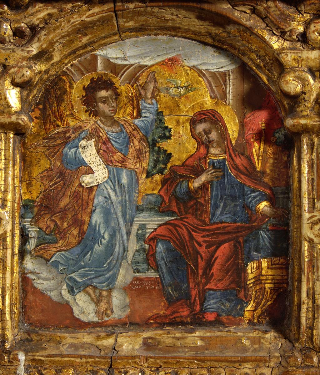 An image of Icon. The Annunciation. Unknown painter. Oil on panel, height 17.9 cm, width 17.3 cm, late 17th Century.