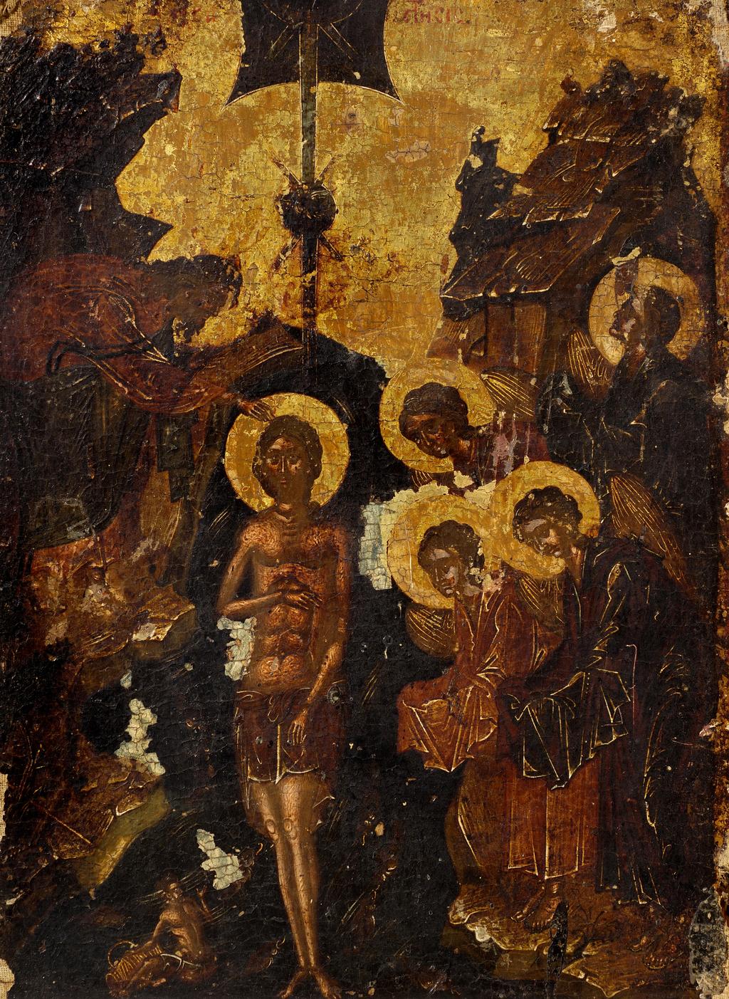 An image of Icon. The Baptism in Jordan. Unknown painter. Oil on panel, height 33.2 cm, width 24 cm, 17th or 18th Century.