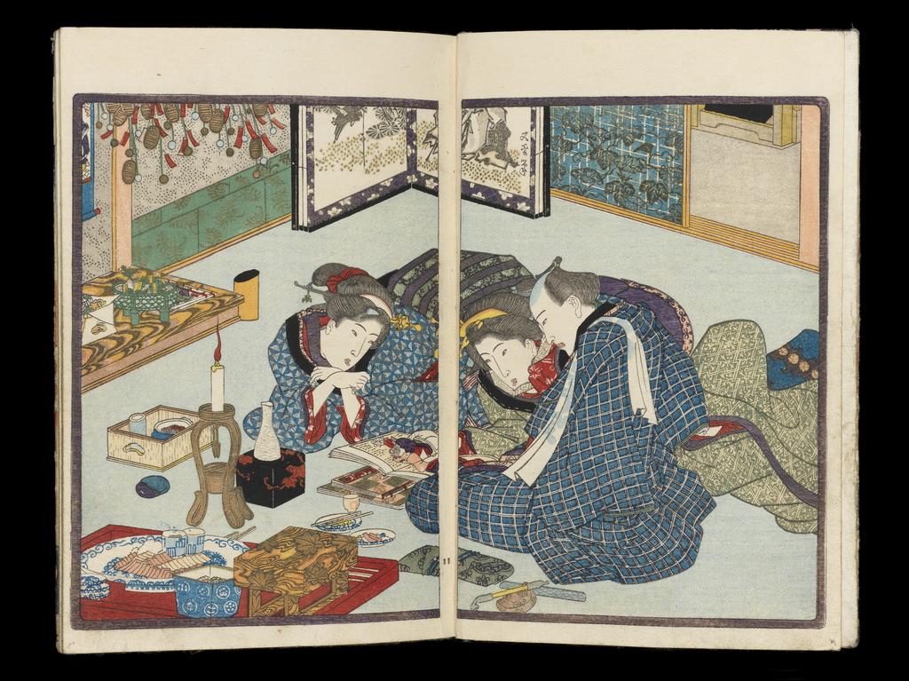 An image of Mitsuuji and the geisha Tasogare in the Misujimachi pleasure quarter in Kyoto. From: Rustic Genji Suma koto (Sumagoto inaka Genji). Kunisada, Utagawa (Japanese, 1786 1865). Book printed in colour from woodblocks with metallic pigment, burnishing and blind embossing (karazuri), 3 volumes, hanshibon format, 'hybrid' binding (konsei-toji), colour-printed covers, printed silk title slips, 'numbered' ten (heaven) chi (earth) jin (man), colour-printed wrapper (fukuro) with Genji chapter symbols and scenes in shells, with wooden case (chitsu). Author: Ryûtei Tanehiko. Edo Period. 1838.