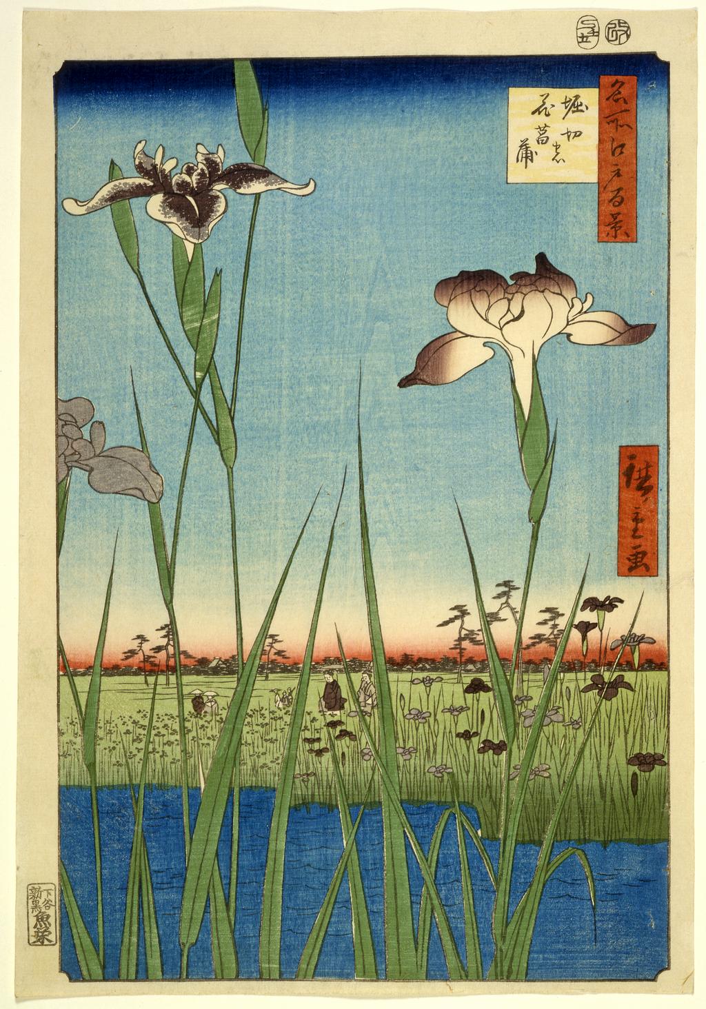 An image of Horikiri no hanashôbu. Hiroshige, Utagawa (Japanese, 1797-1858). Colour print from woodblocks. Ôban. Signed: Hiroshige ga. Publisher: Uoei (Uoya Eikichi). Date seal: Snake 5 (5/1857). Censor’s seal: aratame. 1857. Ukiyo-e. Notes: No. 64 from the series Meisho Edo hyakkei (One hundred famous views of Edo), in the section for Summer. The village of Horikiri was situated about a mile east of the mouth of the Ayase River seen in the adjacent print. It was one of many farming communities around Edo that produced flowers for the city market. A year-round variety of flowers was grown in this swampy area, but it was best known for the hanashôbu, a type of iris that had been cultivated here since the 1660s and had been developed into several exotic hybrids. The plant was introduced into the West in 1852 and in the following decades the Horikiri plantations developed a booming export trade for bulbs; this faded in the 1920s after the plant had become well established in Europe and the United States. Sightseers from Edo are seen admiring the blossoms. An alternative printing has more subtle shading and a more elaborately coloured cartouche. T.3450.