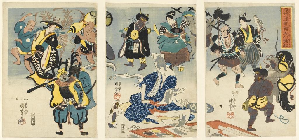 An image of Utagawa Kuniyoshi. Otsu-e fToki ni ôtsu-e kitai no mare-mono. Kuniyoshi, Utagawa (Japanese, 1798-1861). Colour print from woodblocks. Ôban triptych, each sheet 364 x 252. Signed: Ichiyûsai Kuniyoshi ga, with red kiri seal. Block-cutter: hori Takichi. Publisher: Minatoya Kohei. Censors’ seals: kinugasa, hama and mera, murata. c.1847-1852. Ukiyo-e. Notes: Kuniyoshi is depicted among characters coming alive from the type of folk paintings called ôtsu-e (Ôtsu pictures), after the city on the Tôkaidô highway at Lake Biwa, where they were produced and sold as souvenirs to pilgrims and travellers. The rustic ôtsu-e style, with its rapid, broad brushstrokes, was occasionally used by major ukiyo-e artists. Kuniyoshi evidently intended a comparison between himself and the legendary painter Ukiyo Matabei, loosely based on Iwasa Matabei (1578-1650), who was supposed to be the founder of the ukiyo-e school and the inventor of ôtsu-e. Various legends tell of the characters in Matabei’s paintings coming alive and these were sometimes depicted in paintings and prints, including a diptych by Kuniyoshi published in 1853. Although the artist’s face is hidden by a fluttering picture, the fan (uchiwa) lying beside him is decorated with Kuniyoshi’s personal kiri (paulownia) seal, which also appears as a red crest beneath his signature. The cat confirms the identification; Kuniyoshi could not work without one of his favourite cats beside him. This hidden identity is a clue to the fact that there are other portraits to be discovered in the print: the faces of the characters coming alive are actually unnamed portraits of famous actors. This was an ingenious way of getting round the prohibition against publishing actor prints contained in an edict of 1842. Among favourite ôtsu-e subjects depicted is the legendary warrior-priest Benkei carrying off the bell of Mii Temple (foreground of left sheet) or the Times: A Rare Thing You've Been Waiting For (Toki ni otsu-e kitai no m