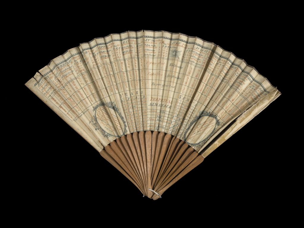 An image of Folding fan. Perpetual Almanack. Jones, Chas, England. Etching, with wood sticks, 1788. Acquisition Credit: Accepted by H. M. Government in lieu of inheritance tax from the Lennox Boyd Estate.