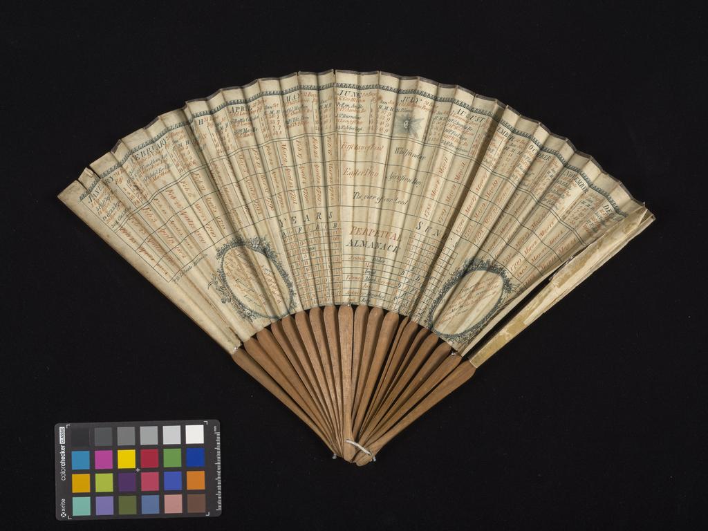 An image of Folding fan. Perpetual Almanack. Jones, Chas, England. Etching, with wood sticks, 1788. Acquisition Credit: Accepted by H. M. Government in lieu of inheritance tax from the Lennox Boyd Estate.