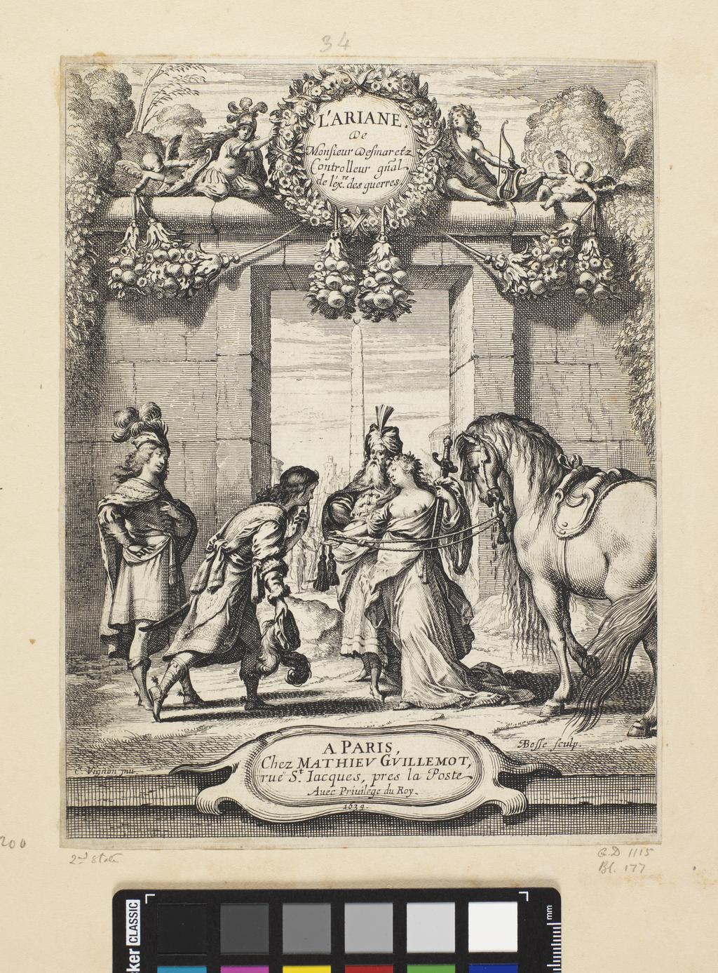 An image of Print Album. Title-page to Desmarets de Saint-Sorlin's 'L'Ariane' (Paris, Mathieu Guillemot, 1639). Bosse, Abraham (French, 1602-1676). Vignon, Claude, after (French, c.1593-1670). Etching, 1639. Notes(s): Bosse produced a frontispiece and 17 illustrations for the second edition of L'Ariane, all apparently after designs by Claude Vignon. Alternative Number(s): BN Inventaire (17thC); 1115. Blum; 177-193. Part Of: 30.I.4; Oeuvre de Bosse Vol. 1.