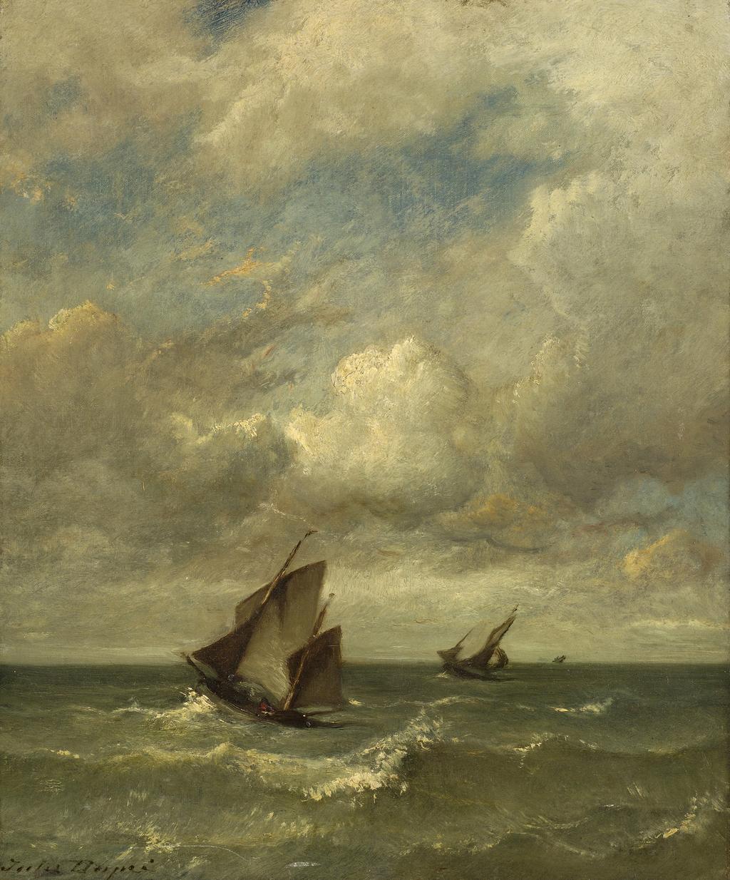An image of Shipping in a breeze. Dupré, Jules (French, 1811-1889). Oil on canvas, height 46.3 cm, width 38.7 cm.