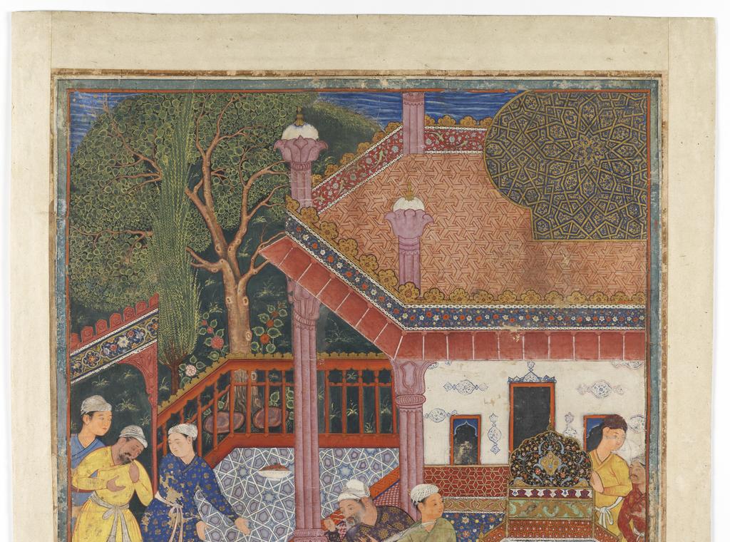 An image of Mogul SchoolIllustration from the Hamza Nama: A hero slays a giant before a crowd of onlookers in a courtyardc.1555-67Bodycolour on cotton680 x 520 mm