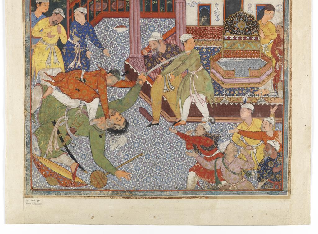 An image of Mogul SchoolIllustration from the Hamza Nama: A hero slays a giant before a crowd of onlookers in a courtyardc.1555-67Bodycolour on cotton680 x 520 mm