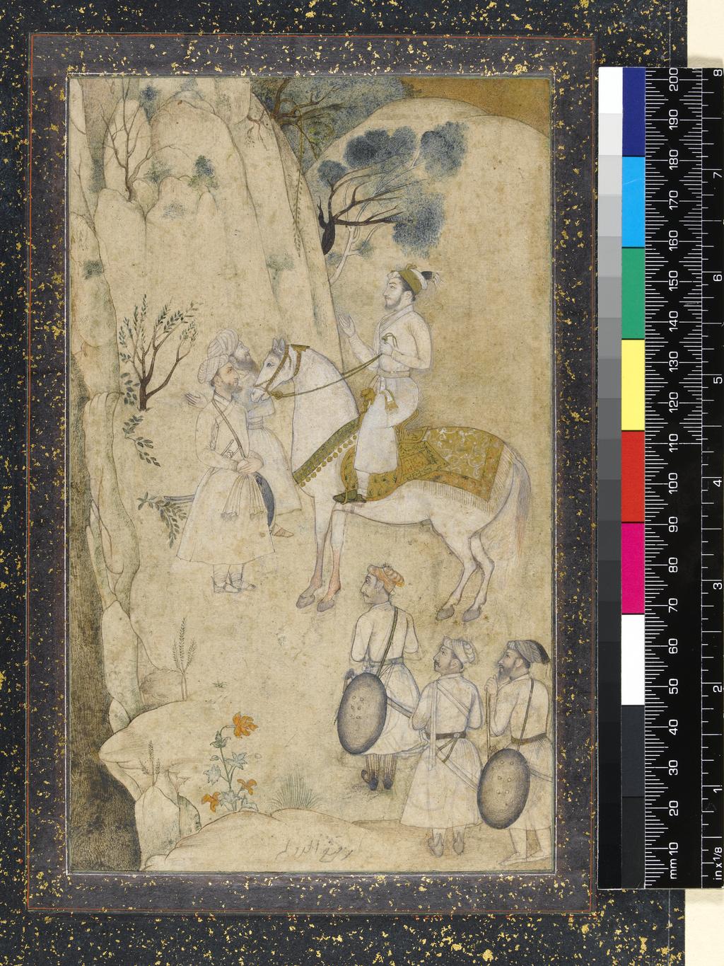 An image of A Prince on Horseback, with Five Attendants, Regarding a Waterfall. Unknown, Mogul School. Watercolour with pen and ink, graphite and gold on laid paper, laid down, height 197 mm, width 120 mm.