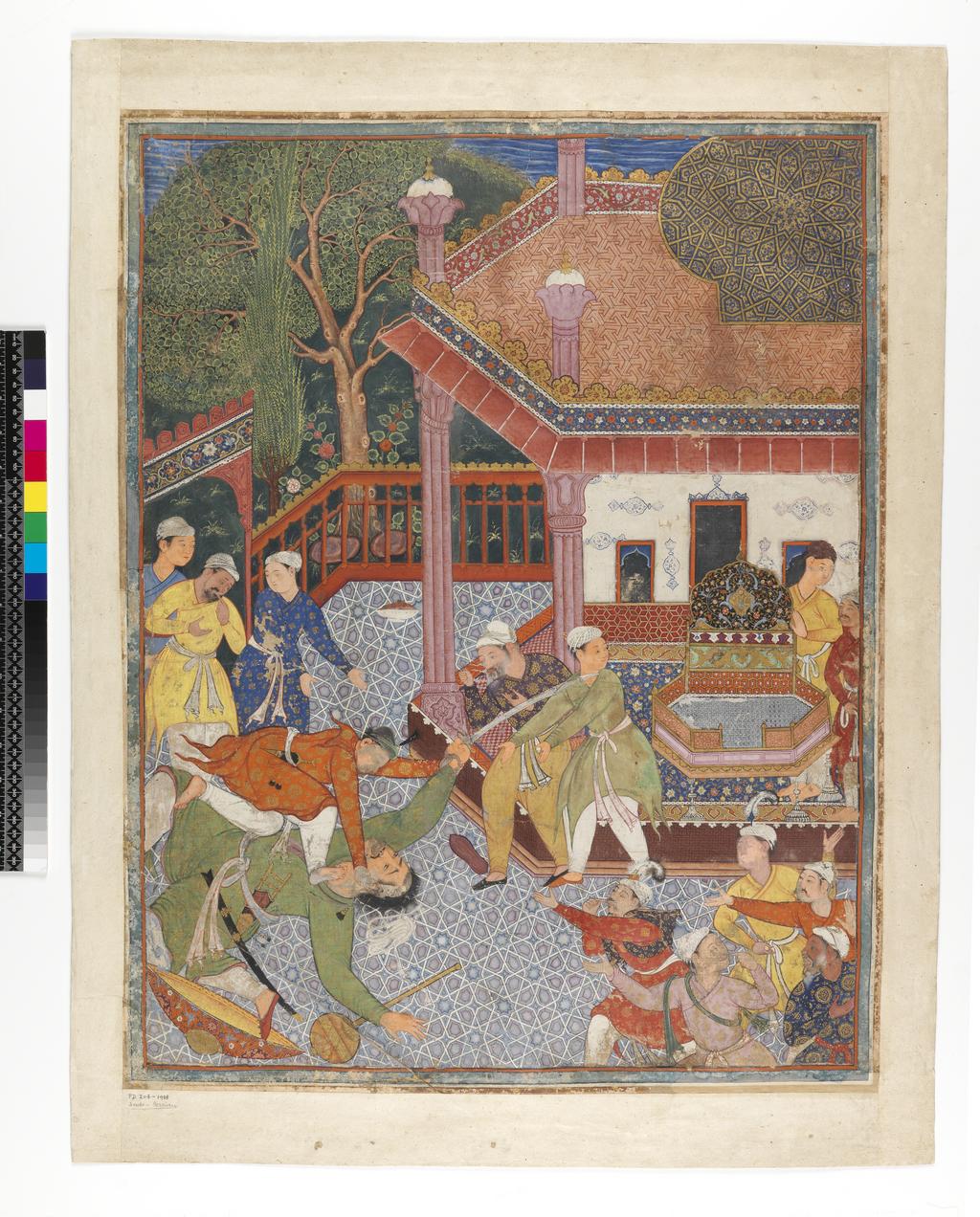 An image of Mogul School
Illustration from the Hamza Nama: A hero slays a giant before a crowd of onlookers in a courtyard
c.1555-67
Bodycolour on cotton
680 x 520 mm