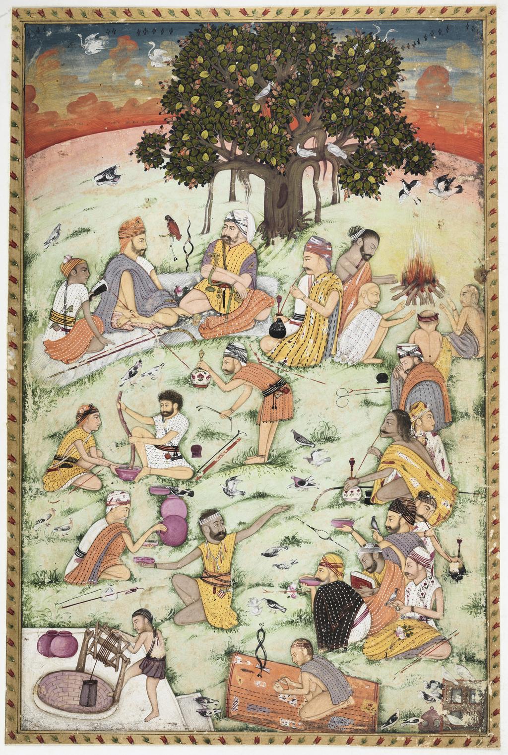 An image of Miniature. Religious devotees meeting at a Banyan tree. Verso: Calligraphy. Unknown miniaturist. Inscription: Verso; black ink; inscription within gold botanical motif borders. Bodycolour including white, with pen and ink and gold, within gold and bodycolour borders, on card, height 321 mm, width 214 mm, circa 1680. Mogul School. Production Note: Some Rajput influence.