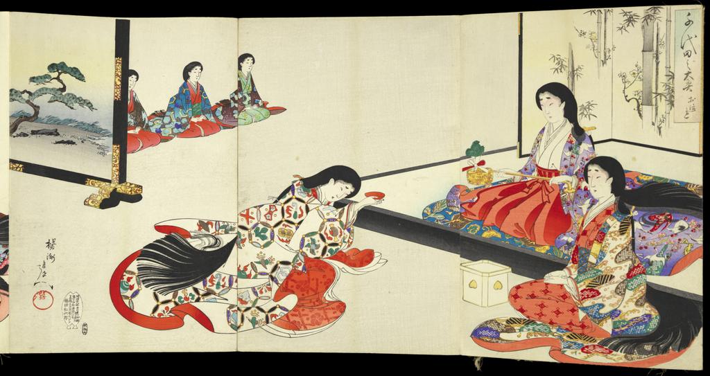 An image of Print album. Chiyoda no o-oku (The Inner Precincts at Chiyoda [Castle]). Chikanobu, Yôshû, designer (Japanese, 1838-1912). Production Place: Tokyo, publisher. Album of Japanese origin with printed title-cartouche and handwritten inscription on the first fold, containing 20 triptychs (60 sheets) printed in colours from woodblocks, with special printing effects such as burnishing (shomenzuri and tsuyazuri) and blind-embossing (karazuri). The prints come from a set of 40 triptychs entitled Chiyoda no o-oku (The Inner Precincts at Chiyoda [Castle]), designed by Yōshū Chikanobu and published by Fukuda Hatsujirō in Tokyo in 1895-6. Each triptych bears the artist’s signature, the publisher’s fish or double-fish mark, and a printed seal with the name of the block-carver. The series title is in the tall cartouche, with the individual scene’s title below (within the cartouche). Woodblock, colour printing, 1895-1896.