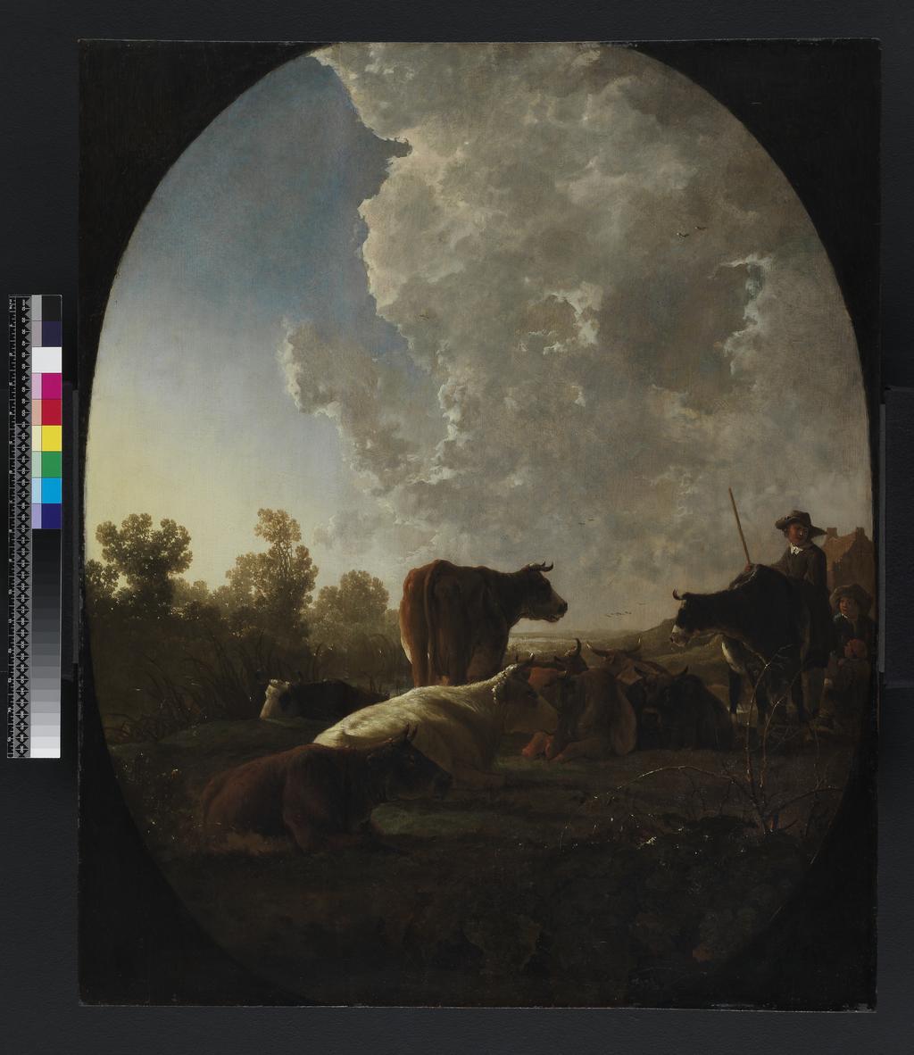 An image of Sunset after Rain. Cuyp, Aelbert (Dutch, 1620-1691). Oil on panel, height 83.9 cm, width 69.9 cm, 1648.
