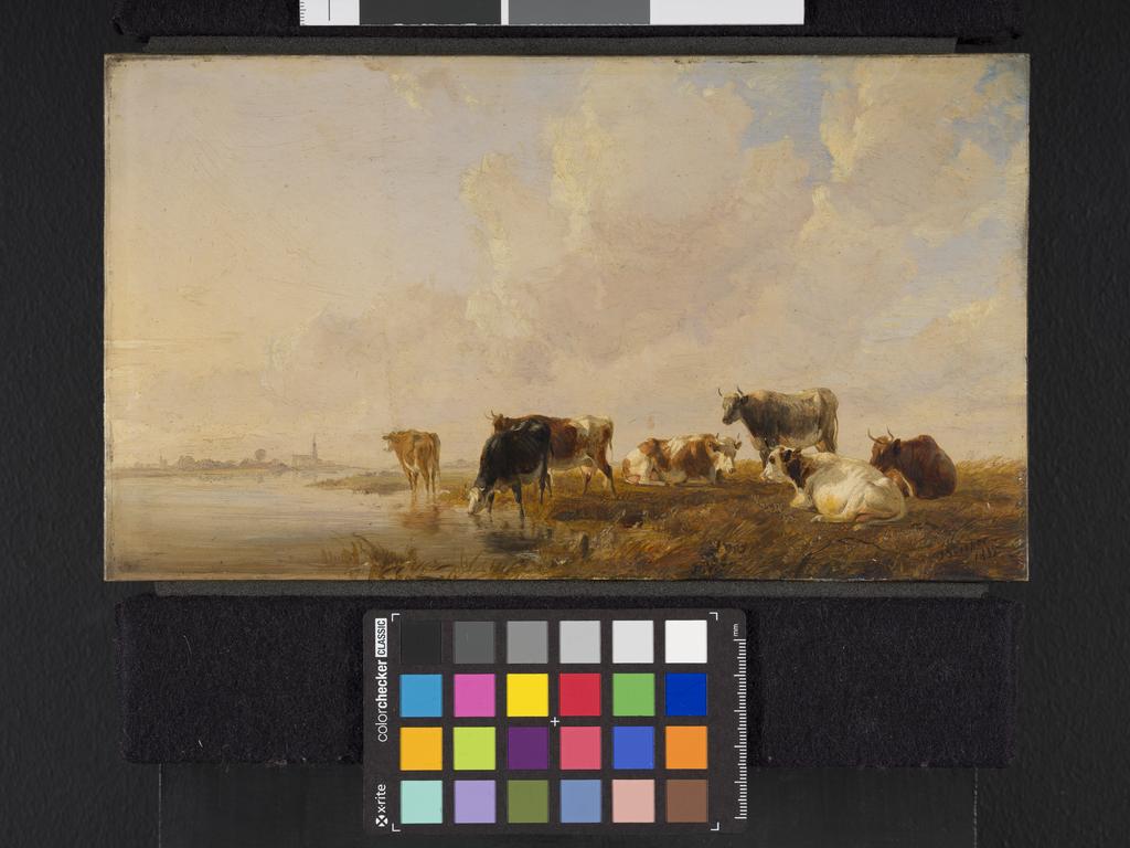 An image of Cattle by a River. Cooper, Thomas Sydney (British, 1803-1902). Oil on panel, height 15.2 cm, width 26.4 cm, 1835.