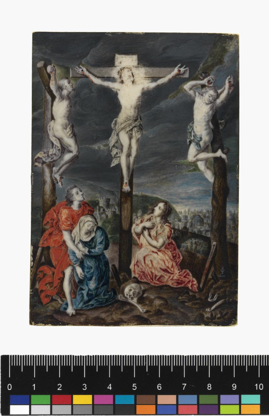 An image of Miniature. The Crucifixion. Oliver, Isaac I (British, 1556(?)-1617). Watercolour on thick ivory, height 117 mm, width 82 mm.