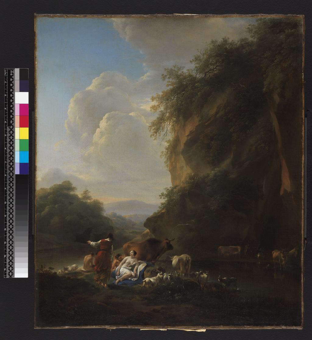 An image of Landscape with Nymphs and Satyrs. Berchem, Nicolaes Pietersz. (Dutch, 1620-1683). Oil on canvas, height 59 cm, approx, width 51 cm, approx, 1645.