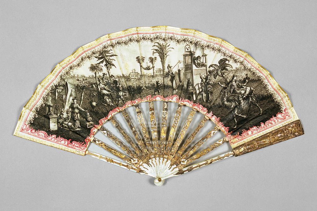 An image of Folding fan. The Pillemont Fan. Unknown maker, France. Front: Decorated overall with groups of chinoiserie figures in black, with a floral border in black at the top. The right, left and lower edges are bordered by scrolls which on the right and left have an outer border of striations which continues across the top. An outer Vitruvian scroll border in gold runs round the top and two sides. Reverse: In the middle, two putti holding a garland are seated on a cloud; scroll border on all sides. Sticks: In the middle a man kneels, offering his heart to a lady, while a putto hovers overhead. On the left and right, an oval cartouche in which a lady stands beside a vase. Guards: On the upper end of each, a gentleman playing a lute with a putto above and a trophy below. Double leaf of chickenskin decorated in pen and black and red ink, and gilt. Gold binding on upper edge. Sticks and guards of pierced, carved, engraved, silvered and gilt in two colours mother-of-pearl . Rivet with two gilt metal washers. Length, guards, 27.6 cm, width, leaf, 50.4 cm, circa 1750 to circa 1760. Rococo; Chinoiserie. Louis XV. Production Note: One of the groups of figures was derived from L'Air in a set of Elements by Jean Pillement (1719-1808). Acquisition Credit: Purchased with a grant from the National Heritage Memorial Fund and a gift from The Friends of the Fitzwilliam Museum.