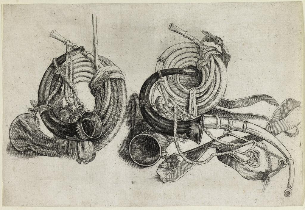 An image of Five hunting horns. Hounds, hunting equipment and game. Hollar, Wenceslaus (Czech, 1607-1677). Etching, 1646. Bohemian. Alternative Number(s): New Hollstein (German); 898. Pennington; 2053. Lugt; 1419. Lugt; 1134. Lugt; 2816a.