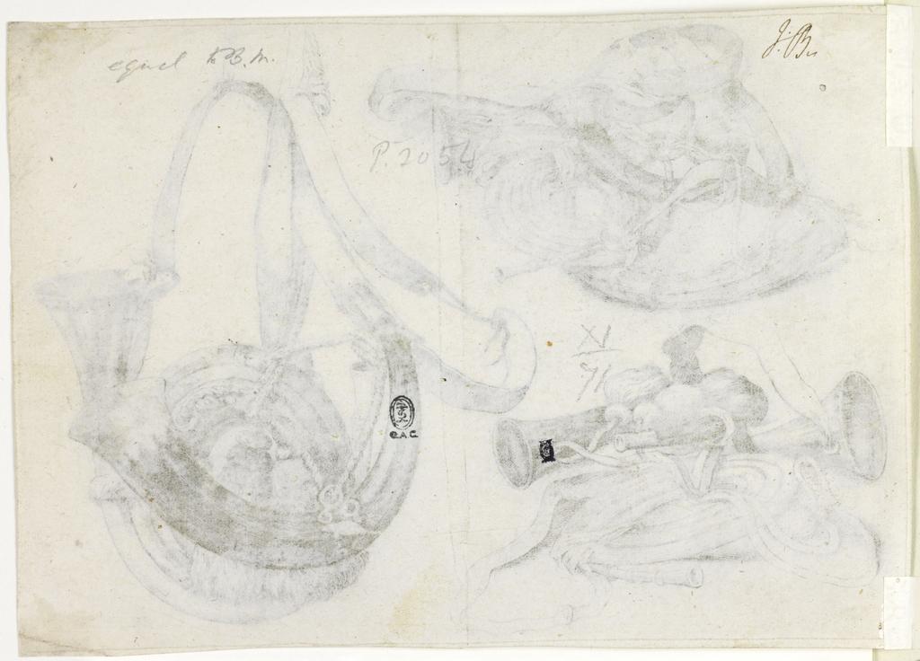 An image of Seven hunting horns in three groupings. Hounds, hunting equipment and game. Hollar, Wenceslaus (Czech, 1607-1677). Etching, 1646. Bohemian. Alternative Number(s): New Hollstein (German); 899. Pennington; 2054. Lugt; 1419. Lugt; 1134. Lugt; 2816a.