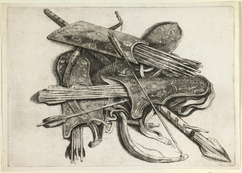 An image of Bows, quivers and a spear. Hounds, hunting equipment and game. Hollar, Wenceslaus (Czech, 1607-1677). Etching, 1646. Bohemian. Alternative Number(s): New Hollstein (German); 901. Pennington; 2056. Lugt; 1419. Lugt; 1134. Lugt; 2816a.