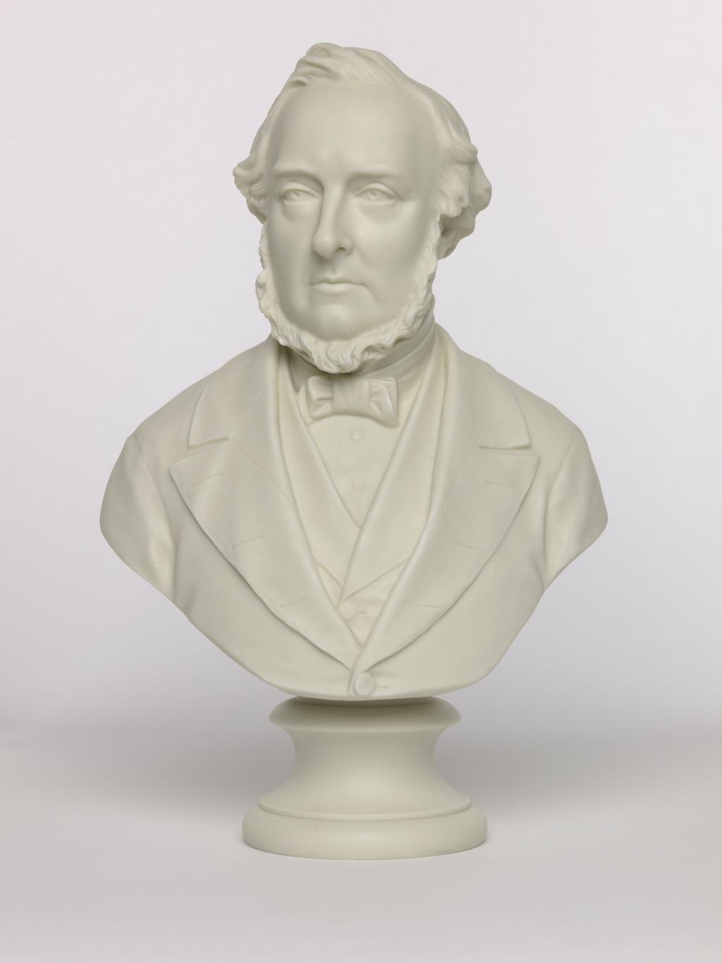 An image of Bust. Unknown man. Copeland, England, Staffordshire, Stoke-on-Trent. Inscription: maker's name; reverse of bust; marked; COPYRIGHT RESERVED COPELAND L 76. Parian (porcelain), slip-cast, height, 32.2 cm, length, 20.5 cm, width, 12 cm, length, base, 9.8 cm. Acquisition Credit: Accepted by H. M. Government in lieu of Inheritance Tax from the estate of G. D. V. Glynn, and allocated to the Fitzwilliam Museum.