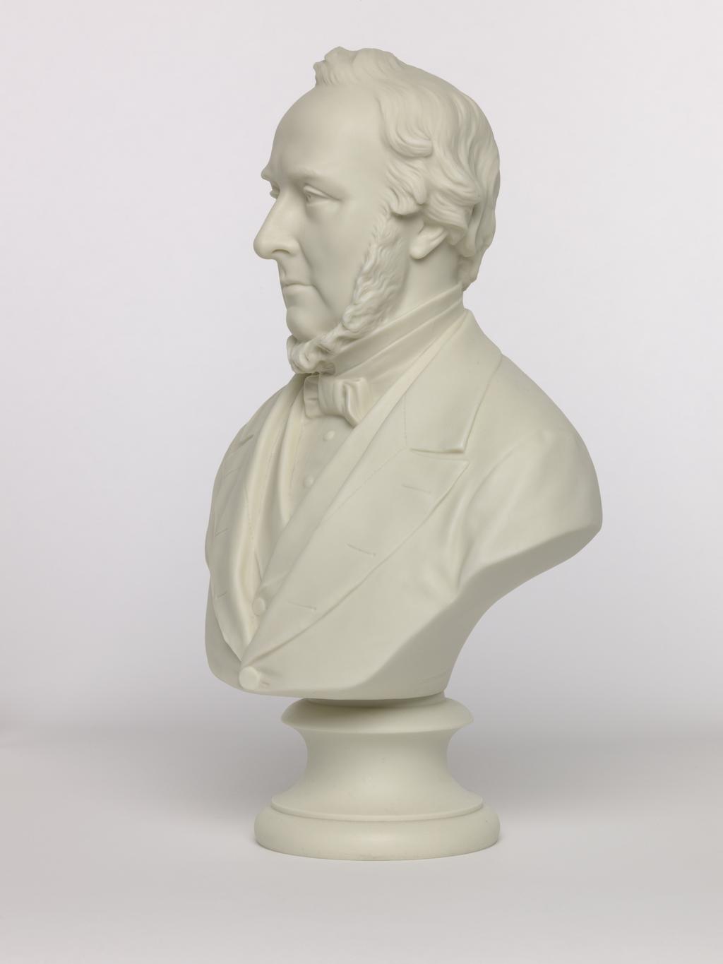 An image of Bust. Unknown man. Copeland, England, Staffordshire, Stoke-on-Trent. Inscription: maker's name; reverse of bust; marked; COPYRIGHT RESERVED COPELAND L 76. Parian (porcelain), slip-cast, height, 32.2 cm, length, 20.5 cm, width, 12 cm, length, base, 9.8 cm. Acquisition Credit: Accepted by H. M. Government in lieu of Inheritance Tax from the estate of G. D. V. Glynn, and allocated to the Fitzwilliam Museum.