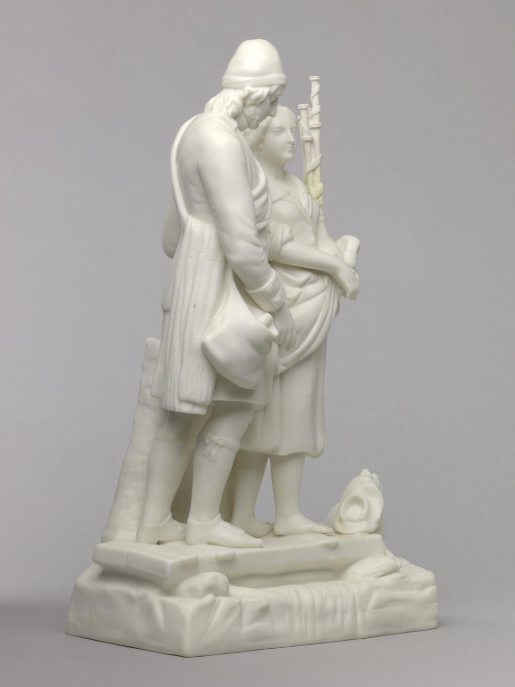 An image of Figure. Scottish Piper, wife and dog. Unknown manufacturer. Parian (porcelain), slip-cast, height, 41.8 cm, length, 24.9 cm, width, 15.8 cm, length, base, 24.9 cm, width, base, 15.8 cm, 1875. Acquisition Credit: Accepted by H. M. Government in lieu of Inheritance Tax from the estate of G. D. V. Glynn, and allocated to the Fitzwilliam Museum.