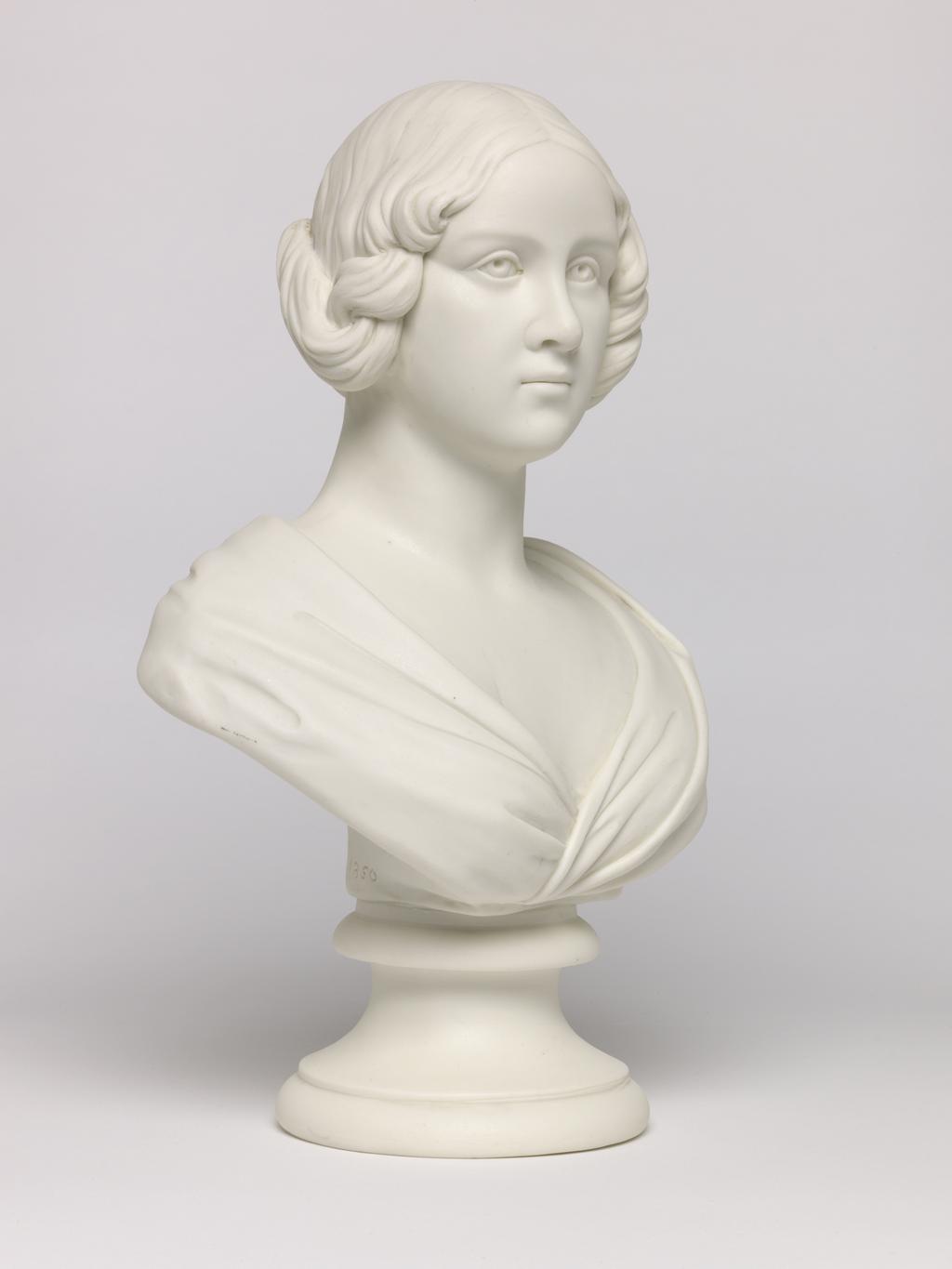 An image of Bust. Unknown lady. Stefan, P., sculptor. Parian (porcelain), slip-cast, height 30 cm, length 20.7 cm, width 11.2 cm, length, base, 10.5, cm, 1850. Acquisition Credit: Accepted by H. M. Government in lieu of Inheritance Tax from the estate of G. D. V. Glynn, and allocated to the Fitzwilliam Museum.