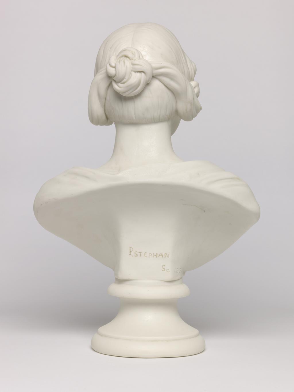 An image of Bust. Unknown lady. Stefan, P., sculptor. Parian (porcelain), slip-cast, height 30 cm, length 20.7 cm, width 11.2 cm, length, base, 10.5, cm, 1850. Acquisition Credit: Accepted by H. M. Government in lieu of Inheritance Tax from the estate of G. D. V. Glynn, and allocated to the Fitzwilliam Museum.