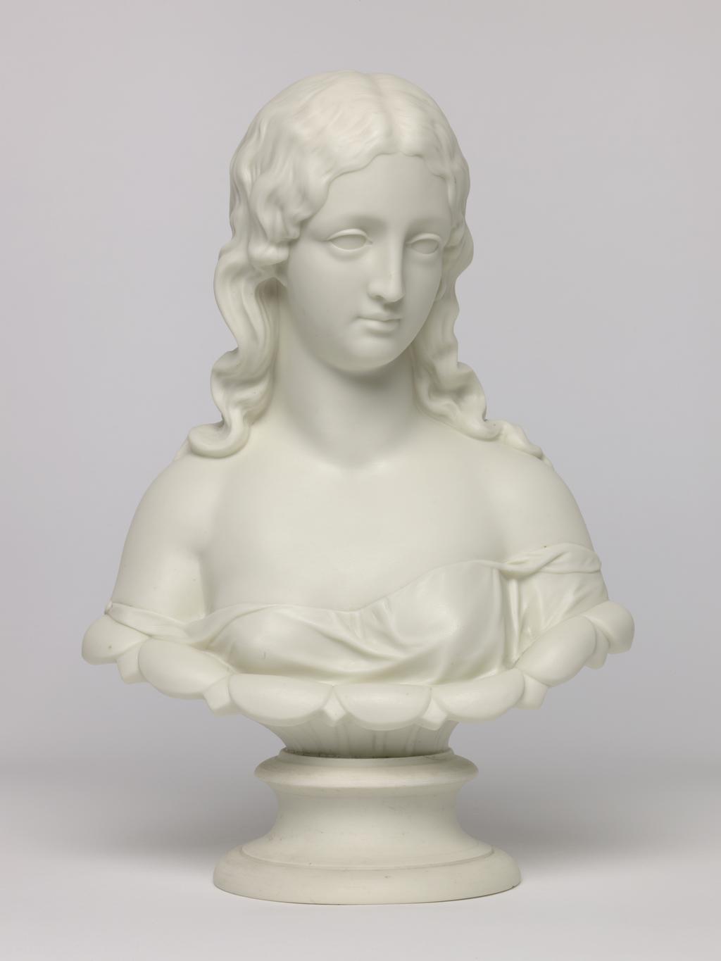An image of Bust. Unknown lady, probably Sabrina. Worcester Porcelain Factory, possibly, England, Worcestershire. Parian (porcelain), slip-cast, height, 29 cm, length, 19.9 cm, width, 12.5 cm, length, base 11.2, cm. Acquisition Credit: Accepted by H. M. Government in lieu of Inheritance Tax from the estate of G. D. V. Glynn, and allocated to the Fitzwilliam Museum.