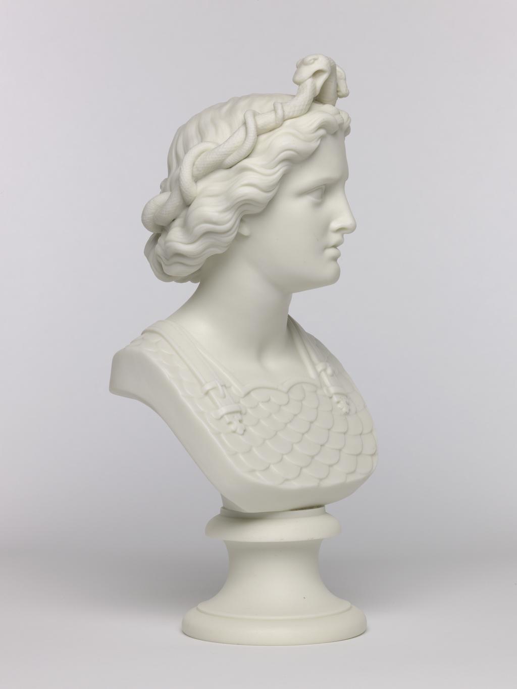 An image of Bust. War (female). Stephan, J., manufacturer, England, Worcestershire. Stephan, J., sculptor. Inscription: maker's name; reverse of bust; marked; Made by J. Stephan for James Lane Worcester 1860 / By prmisn [sic] of RWB; RWB stands for R.W. Binns of Kerr & Binns of Worcester. Parian (porcelain), slip-cast, height, 32 cm, length, 14.3 cm, width, 12.3 cm, length, base, 10.3 cm, 1860. Production Note: From a brief record in the Museum of Worcester's archive, for an 'oven plaque' made in 1857, it appears that James Lane was probably the manager of a firm in London, which had contacts with Kerr and Binns of Worcester. The RWB in the inscription stands for R.W. Binns. J. Stephan may have been a modeller or independent producer in Worcester, as his name is not recorded at the factory. The 'Worcester' in the inscription would therefore refer to the location of Stephan rather than Lane, but this is uncertain.Acquisition Credit: Accepted by H. M. Government in lieu of Inheritance Tax from the estate of G. D. V. Glynn, and allocated to the Fitzwilliam Museum.