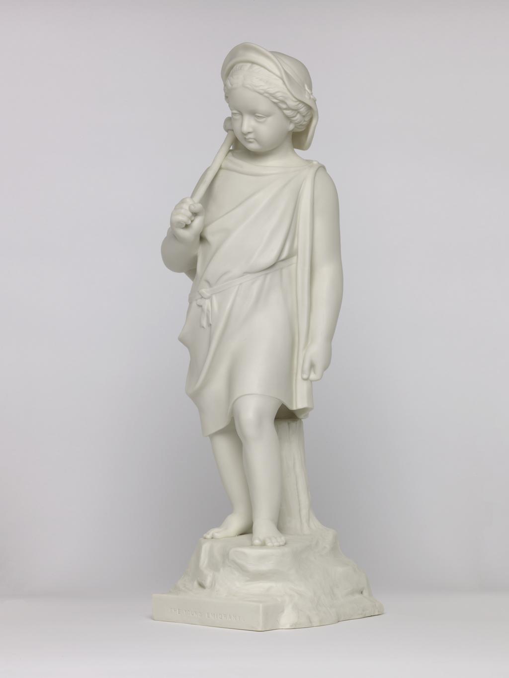 An image of Figure. The Young Emigrant [sic]. Copeland, England, Staffordshire, Stoke-on-Trent. Inscriptions: title; Front of base; marked; THE YOUNG EMIGRANT. Maker's name; reverse of bust; marked; COPYRIGHT RESERVED. COPELAND. Parian (porcelain), slip-cast, height, 52.3 cm, length, 16.7 cm, width, 15.7 cm, length, base, 15.7 cm. Acquisition Credit: Accepted by H. M. Government in lieu of Inheritance Tax from the estate of G. D. V. Glynn, and allocated to the Fitzwilliam Museum.