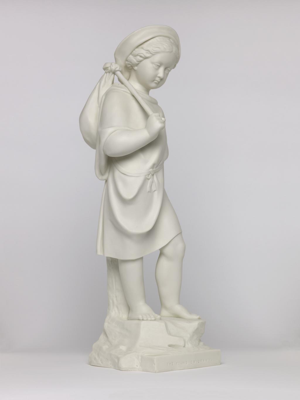 An image of Figure. The Young Emigrant [sic]. Copeland, England, Staffordshire, Stoke-on-Trent. Inscriptions: title; Front of base; marked; THE YOUNG EMIGRANT. Maker's name; reverse of bust; marked; COPYRIGHT RESERVED. COPELAND. Parian (porcelain), slip-cast, height, 52.3 cm, length, 16.7 cm, width, 15.7 cm, length, base, 15.7 cm. Acquisition Credit: Accepted by H. M. Government in lieu of Inheritance Tax from the estate of G. D. V. Glynn, and allocated to the Fitzwilliam Museum.
