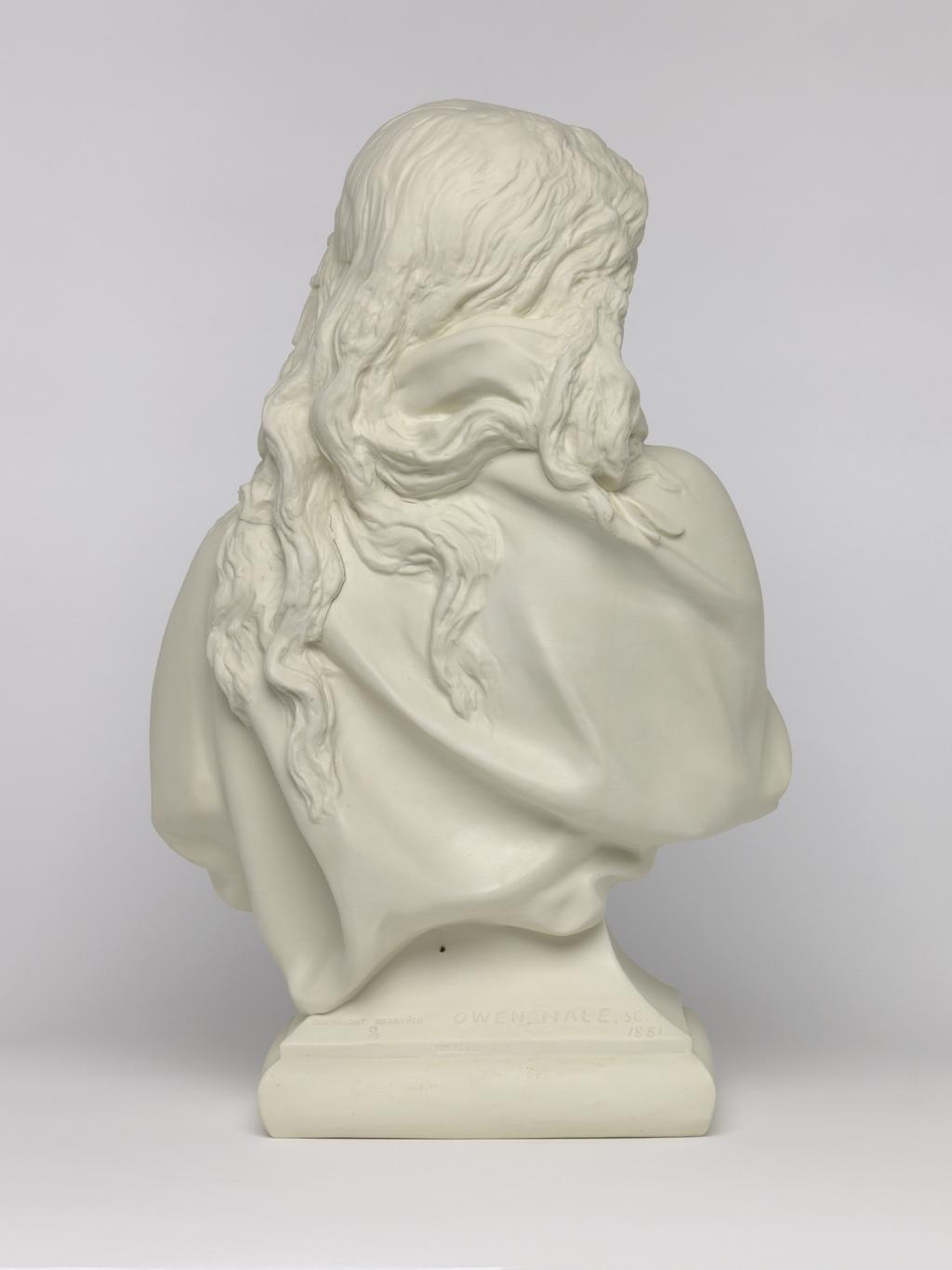 An image of Bust. Winter? Copeland, England, Staffordshire, Stoke-on-Trent. Hale, Owen, sculptor. Inscription: maker's name; reverse of bust; marked; COPYRIGHT RESERVED O 85 OWEN. HALE. SC. 1881 COPELAND. Parian (porcelain), slip-cast, covered in mistletoe, height, 44.5 cm, length, 27.7 cm, width, 19.2 cm, length, base, 19.7 cm, width, base, 15.5 cm, 1881. Acquisition Credit: Accepted by H. M. Government in lieu of Inheritance Tax from the estate of G. D. V. Glynn, and allocated to the Fitzwilliam Museum.