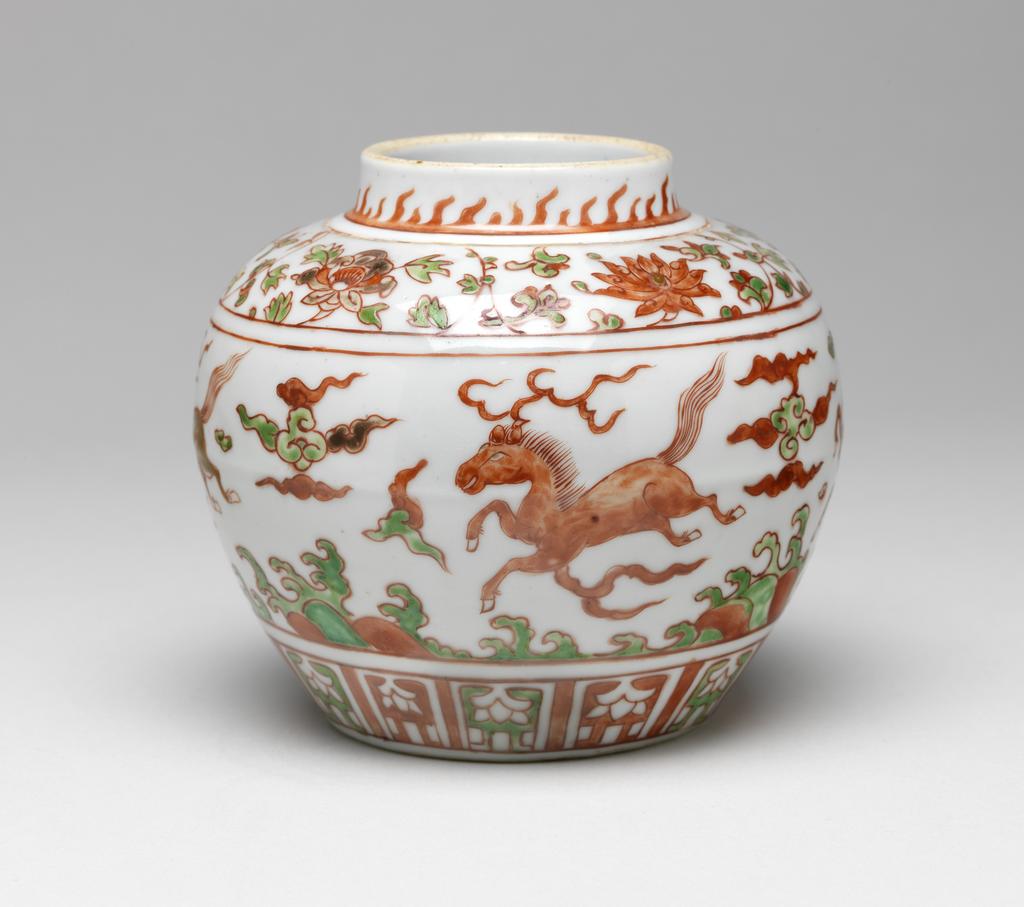 An image of Wucai jar with mythical horses below peony scroll, with unusual olive green (very fine mark and superb colour), height 12 cm. Production Place: China. Jiajing period (1522-1566).