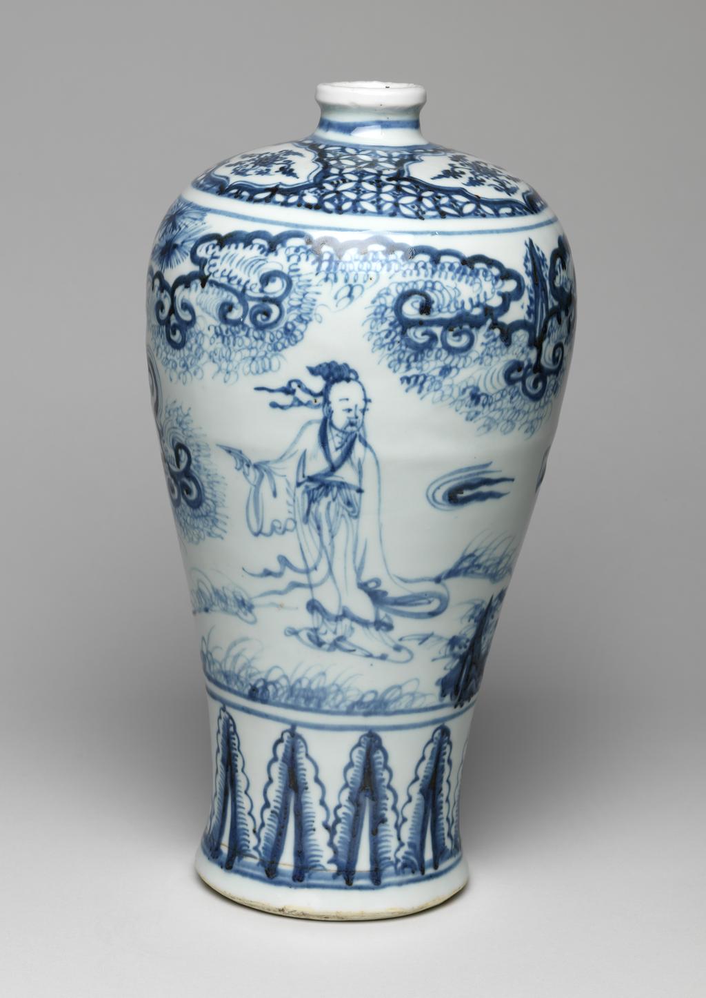 An image of Meiping Vase. Production Place: China. A blue and white meiping, scholar and attendant with qin zither, firing line around lower body, height 34.5 cm, 15th century.