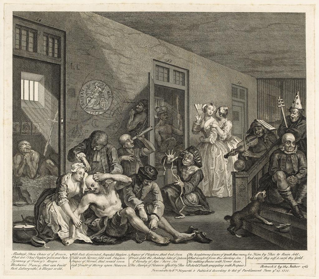 An image of A Rake's Progress, Plate VIII Scene in a Madhouse. Hogarth, William (British, 1697-1764). Engraving, 1735. Production Note: State III/III.