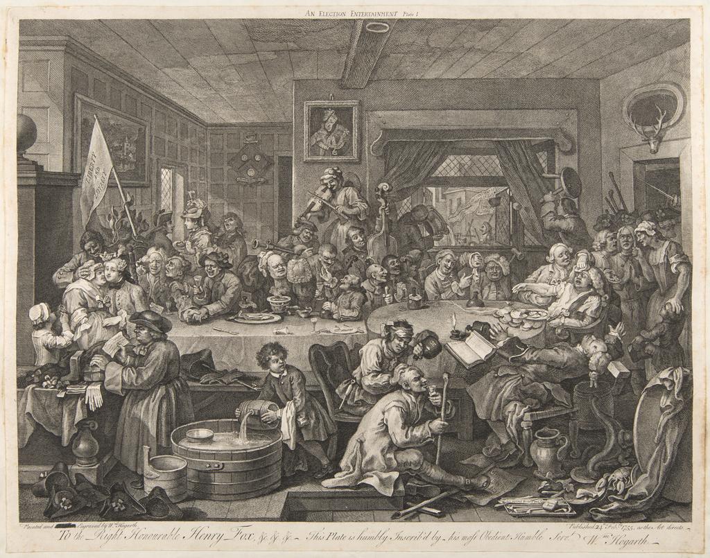 An image of An Election Entertainment, Plate I. Four Prints of an Election. Hogarth, William (British, 1697-1764). Etching, engraving, 1754-1755. Production Note: State VI/VIII.