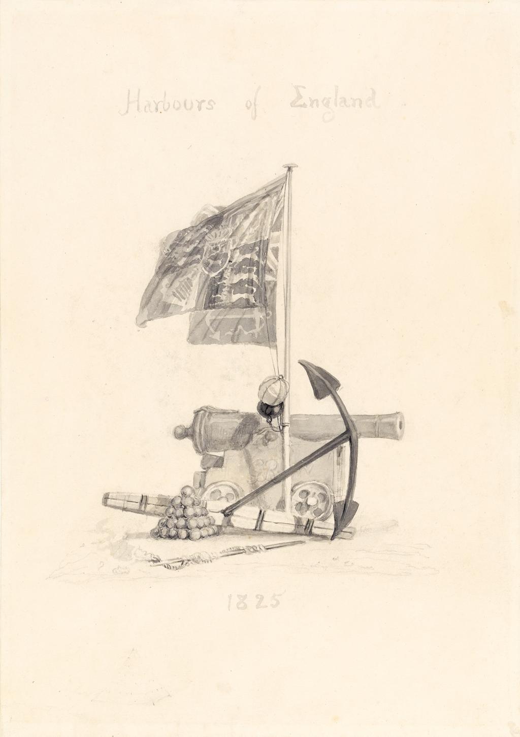 An image of Vignette for 'Ports of England'. Turner, Joseph Mallord William (British, 1775-1851). Pen and ink with grey wash over graphite on paper, height 300mm, width 211mm, 1825.