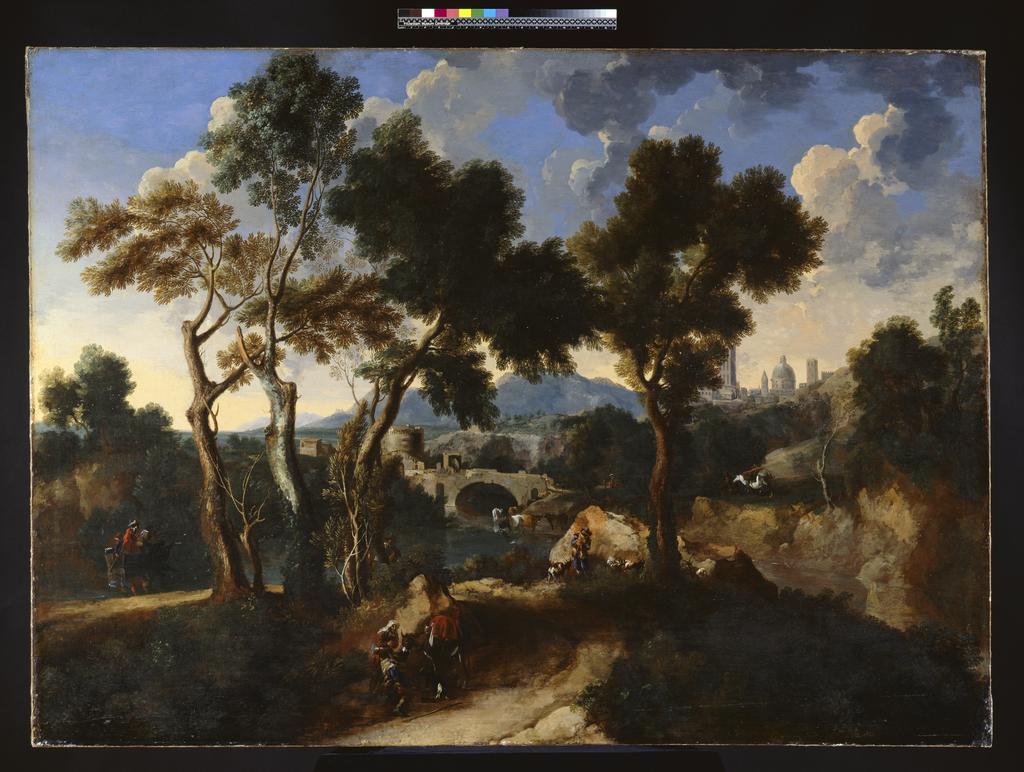 An image of Landscape with Figures. Dughet, Gaspard (Gaspard Poussin, French, 1615-1675) and Miel, Jan (Flemish, 1599-1663). Oil on canvas, height 126.4 cm, width 174.6 cm. From the Cunliffe Fund and University Purchase Fund, with the aid of funds from the Victoria and Albert Museum (Grant-in-Aid), and National Art Collections Fund.