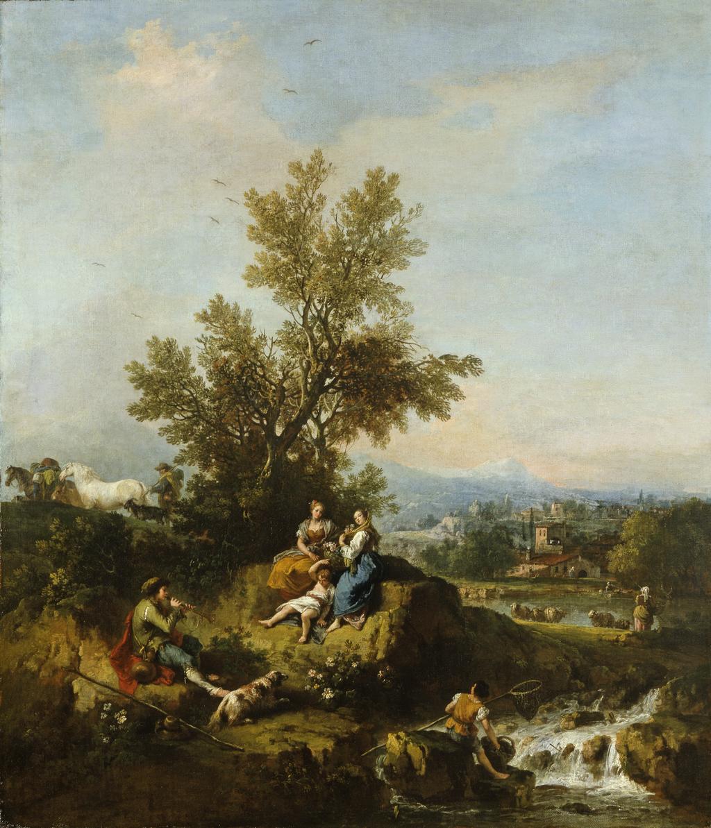 An image of Italianate wooded river landscape with a piping shepherd, two women and a child. Zuccarelli, Francesco (Italian, 1702-1788). Oil on canvas, height 105.5 cm, width 89.5 cm.