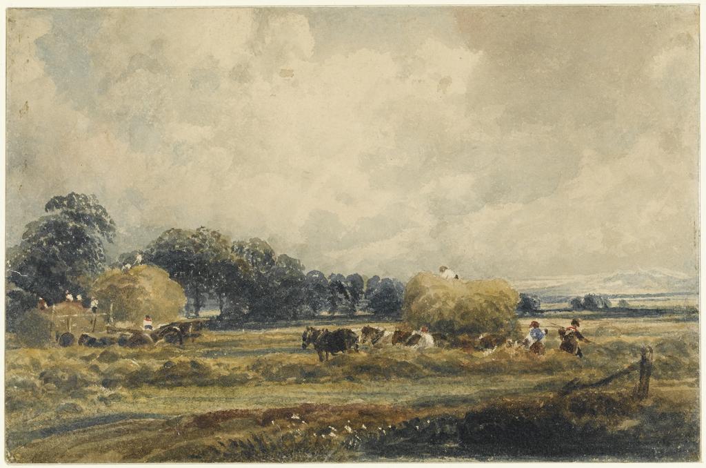 An image of Harvesting. De Wint, Peter (British, 1784-1849). Watercolour over traces of graphite, with highlights scratched in on paper, height 160 mm, width 245 mm. Late 1830s; early 1840s.