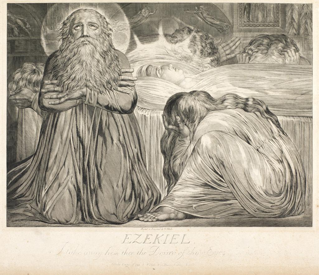 An image of Ezekiel. Blake, William (British, 1757-1827). Second state. Line engraving, black carbon ink on wove paper, plate height 460 mm, plate width 540 mm, sheet height 496 mm, sheet width 674 mm, circa 1804.