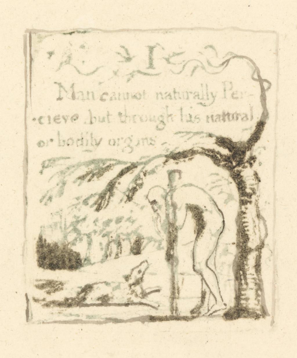 An image of Proposition I. There is No Natural Religion. Blake, William (British, 1757-1827). Relief etching, colour printing, hand colouring, pen and ink on paper, height, plate, 52 mm, width, plate, 42 mm; height, sheet, 233 mm, width, sheet, 287 mm, 1788.