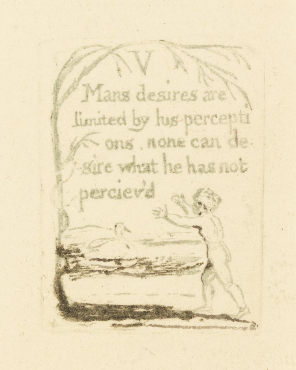 An image of Proposition V. There is No Natural Religion. Blake, William (British, 1757-1827). Relief etching, colour printing, hand colouring, pen and ink on paper, height, plate, 47 mm, width, plate, 35 mm; height, sheet, 295 mm, width, sheet, 230 mm, 1788.