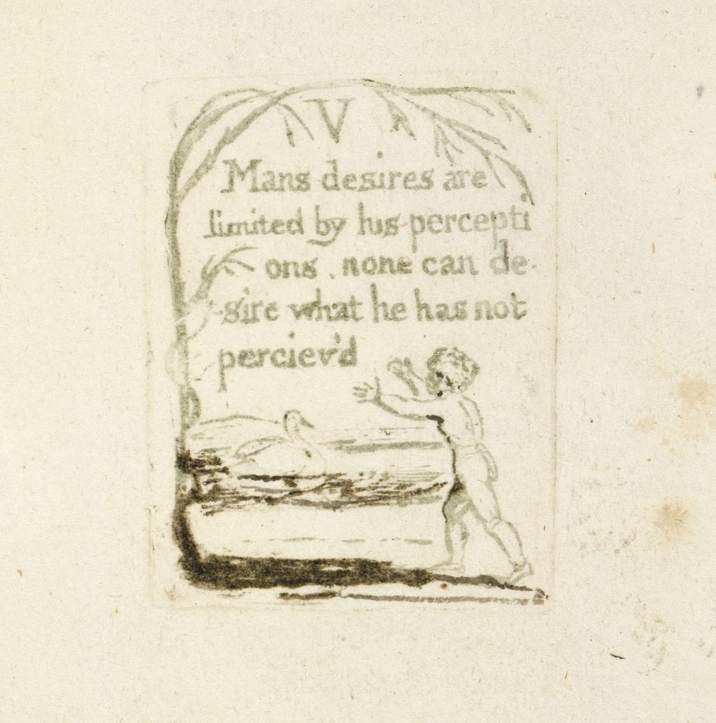An image of Proposition V. There is No Natural Religion. Blake, William (British, 1757-1827). Relief etching, colour printing, hand colouring, pen and ink on paper, height, plate, 47 mm, width, plate, 35 mm; height, sheet, 295 mm, width, sheet, 230 mm, 1788.
